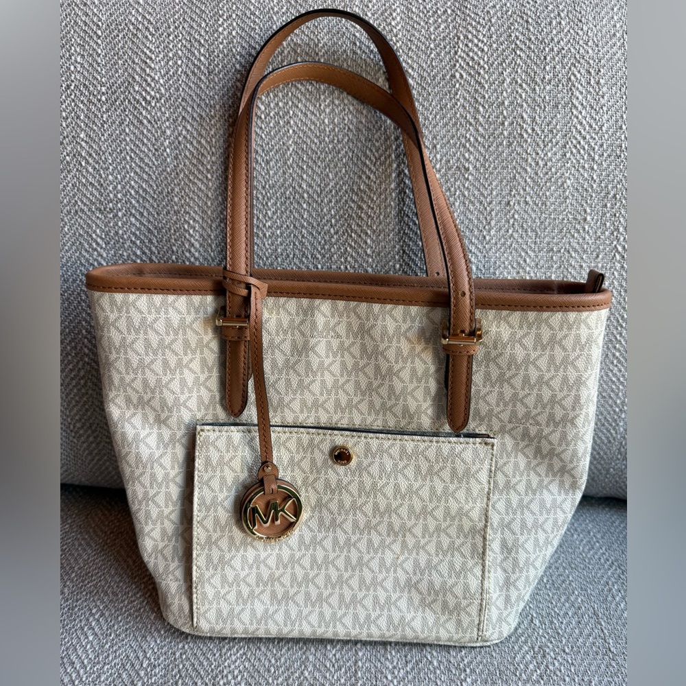 Michael Kors white and Brown Signature Tote